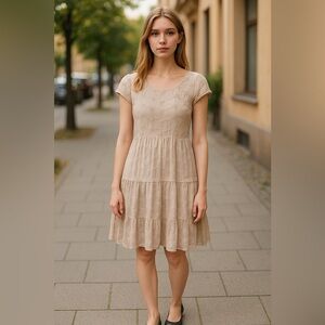 DownEast Light Pale Pink Embroidered Lace Short Ruffle Sleeve Dress